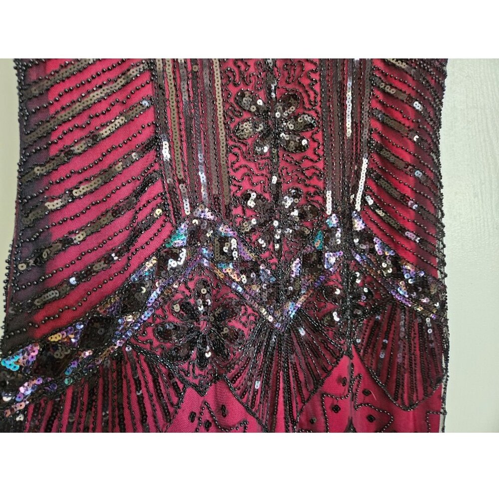Women XL Flapper dress costume halloween maroon Burgundy wine fringe black Party - Picture 4 of 14